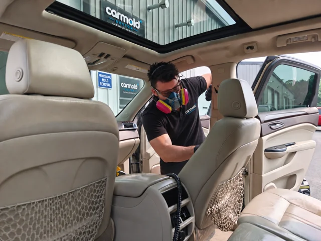 Technician wearing a respirator working inside a Cadillac with cream leather seats