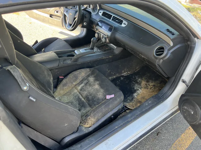 Vehicle passenger seat and floor with widespread visible contamination